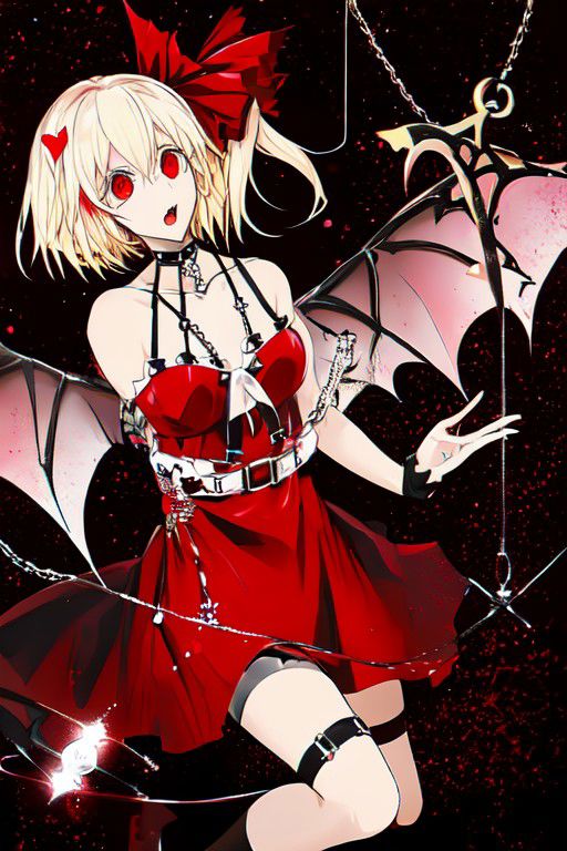 flandre_scarlet_(koumajou_densetsu), wh1te, wings, choker, white chain, bat wings, o-ring, garter belt, skull, harness, bondage harness, body harness, breasts,