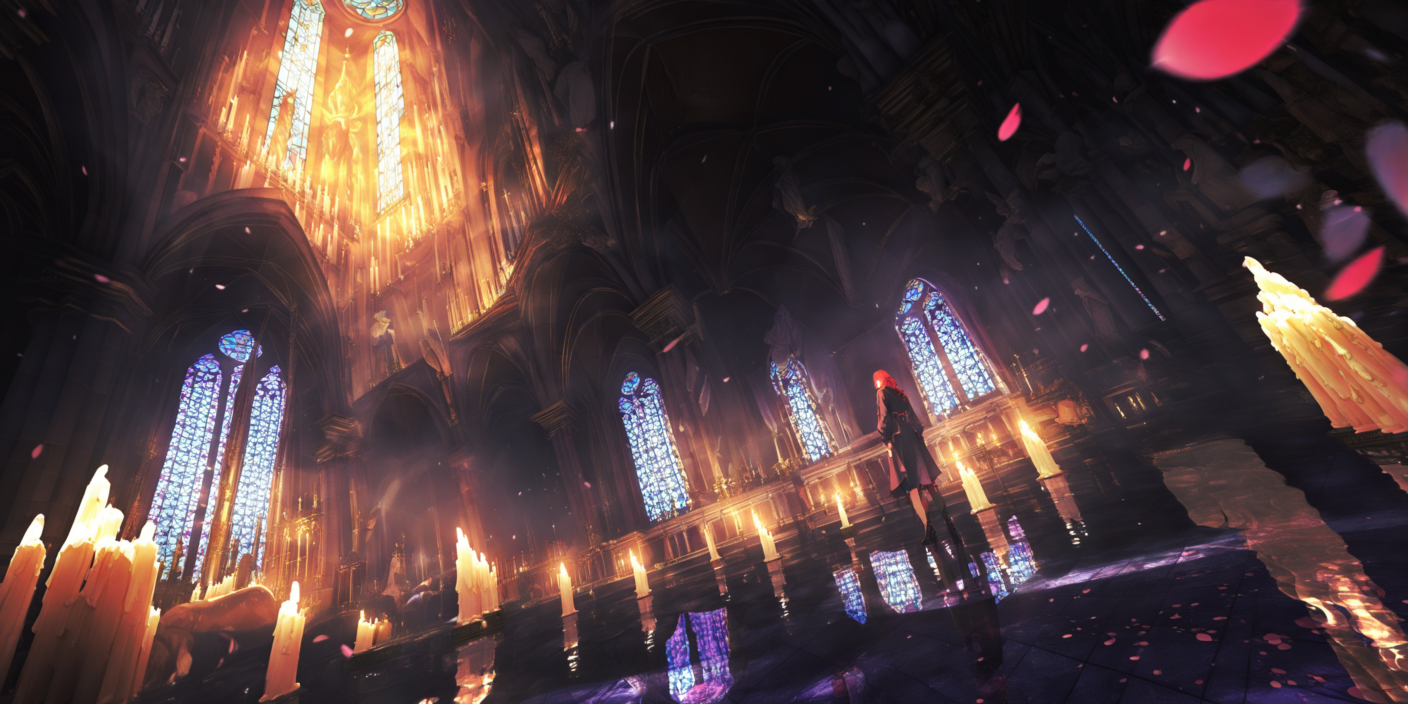 stained glass, church, indoors, petals, reflective floor, reflection, candle, solo, pillar, standing, statue, window, arch, 1girl, red hair, light rays, from behind <lora:lifelineXL_NB11_lokr_V6311P:0.95>