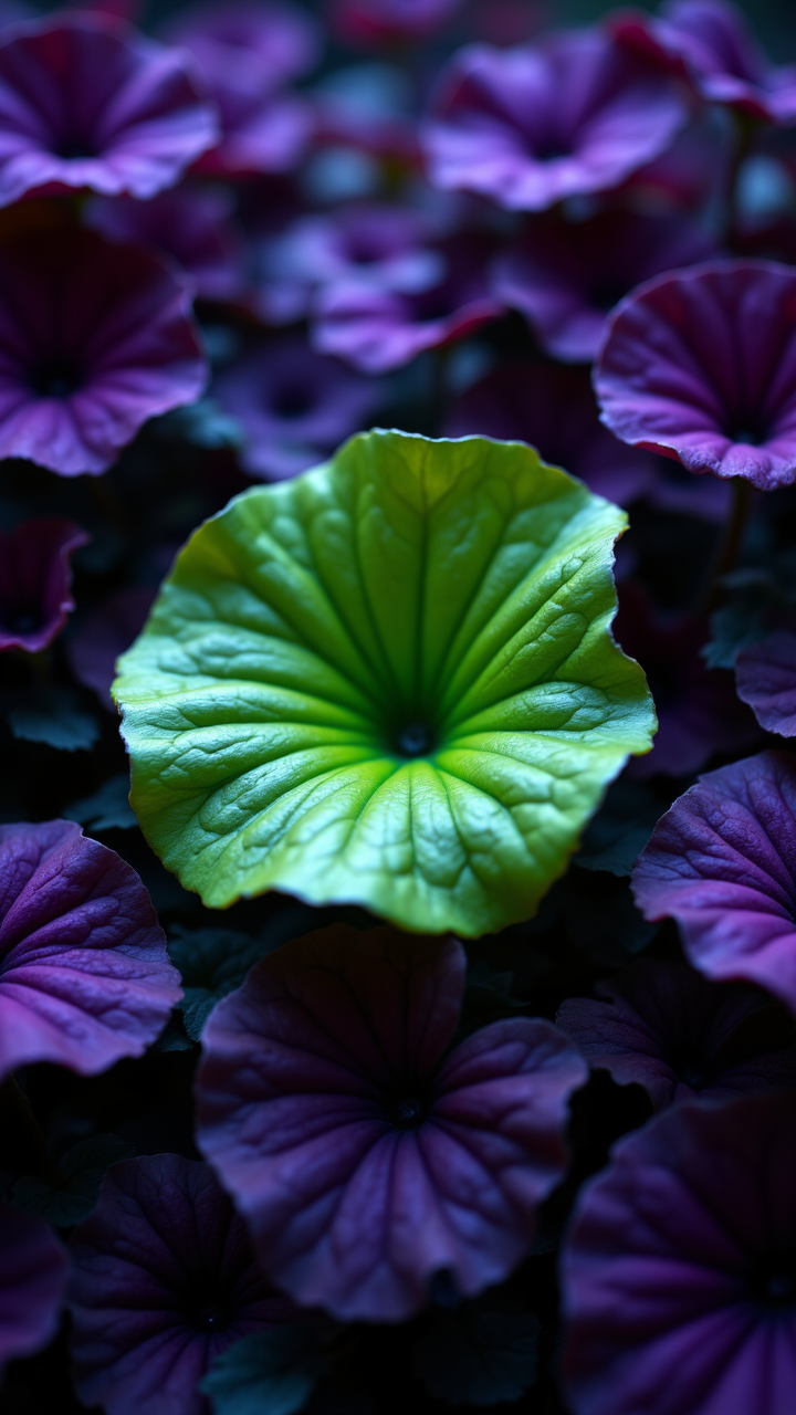 A vibrant green leaf with a smooth, glossy surface floats in the center of a lush garden. The leaves are a deep shade of purple, vibrant, Goth Art, aidmafluxpro1.1