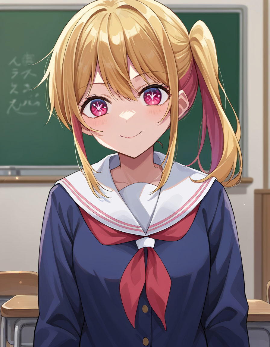 score_9, score_8_up, score_7_up, source_anime,
rubyhoshino, <lora:ruby-hoshino-ponyxl-lora-nochekaiser:1>,
ruby hoshino, long hair, bangs, blonde hair, pink eyes, sidelocks, symbol-shaped pupils, multicolored hair, two-tone hair, smile,
side ponytail, long sleeves, school uniform, serafuku, sailor collar, neckerchief, cardigan, red neckerchief, white sailor collar,
indoors, classroom,
looking at viewer, cowboy shot, dutch angle,