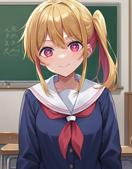 score_9, score_8_up, score_7_up, source_anime,
rubyhoshino, <lora:ruby-hoshino-ponyxl-lora-nochekaiser:1>,
ruby hoshino, long hair, bangs, blonde hair, pink eyes, sidelocks, symbol-shaped pupils, multicolored hair, two-tone hair, smile,
side ponytail, long sleeves, school uniform, serafuku, sailor collar, neckerchief, cardigan, red neckerchief, white sailor collar,
indoors, classroom,
looking at viewer, cowboy shot, dutch angle,