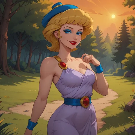 score_9, score_8, BREAK, solo, blonde hair, princess hat, blue eyes, blue eyeshadow, makeup, red lips, lipstick, wristwear, light purple dress, dark blue long skirt, sandals, Helen_of_Troy_(Hercules), sexy pose, self portrait, smile, outdoors, sunlight, shadows, evening lighting, natural lighting, forest, trees, grass, orange sky, sunset