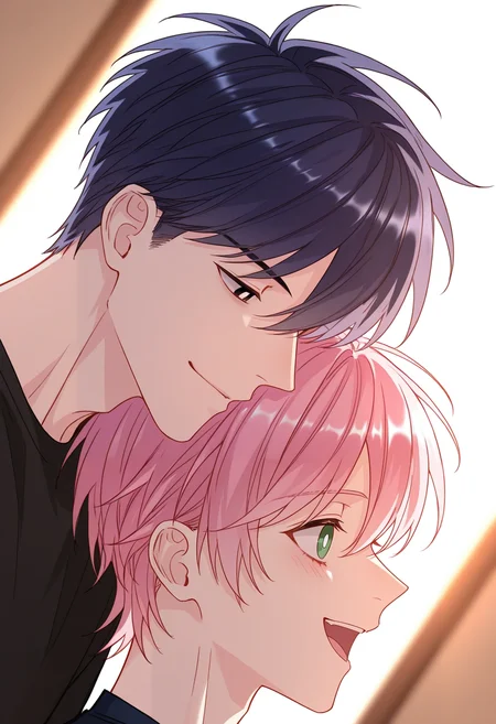 masterpiece, best quality, amazing quality, very aesthetic, high resolution, ultra-detailed, absurdres, depth of field, newest, scenery, dynamic angle, cinematic lighting, BREAK <lora:xian-yi:0.86>, 2 boys, male focus, masculine hairstyle, white pupils, split portrait,dual portrait, two-sided boys, BREAK ,(right side, qin xian, dark blue hair,messy hair,black eyes,closed mouth) BREAK (left side, wang yi, pink hair,confident expression,green eyes,open mouth), BREAK,smile, young man, upper body,from side