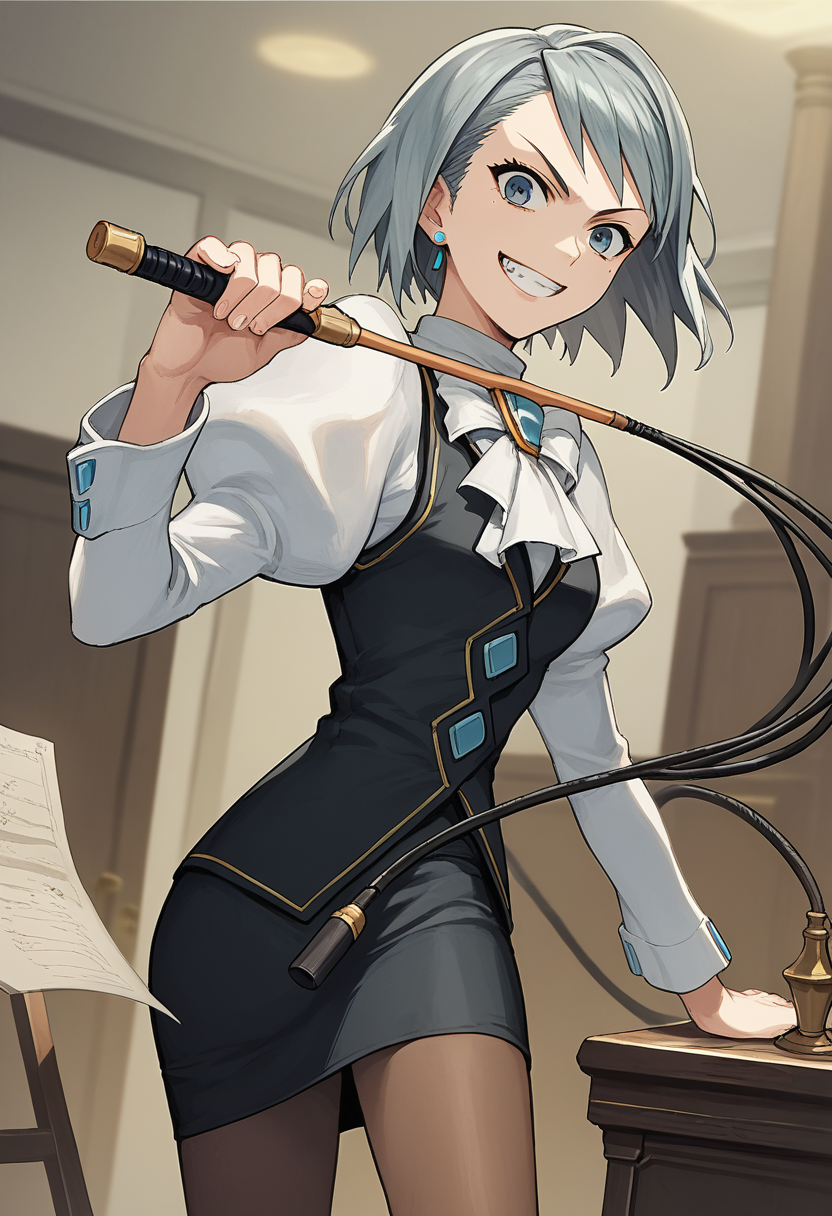 score_9, score_8, score_7, source_anime,
anime, official art,
rating_general,
<lora:franziska-ponyxl-000007:1>franziska von karma, 
vest, white shirt, pencil skirt, pantyhose
1girl, solo, courtroom, whip, grin