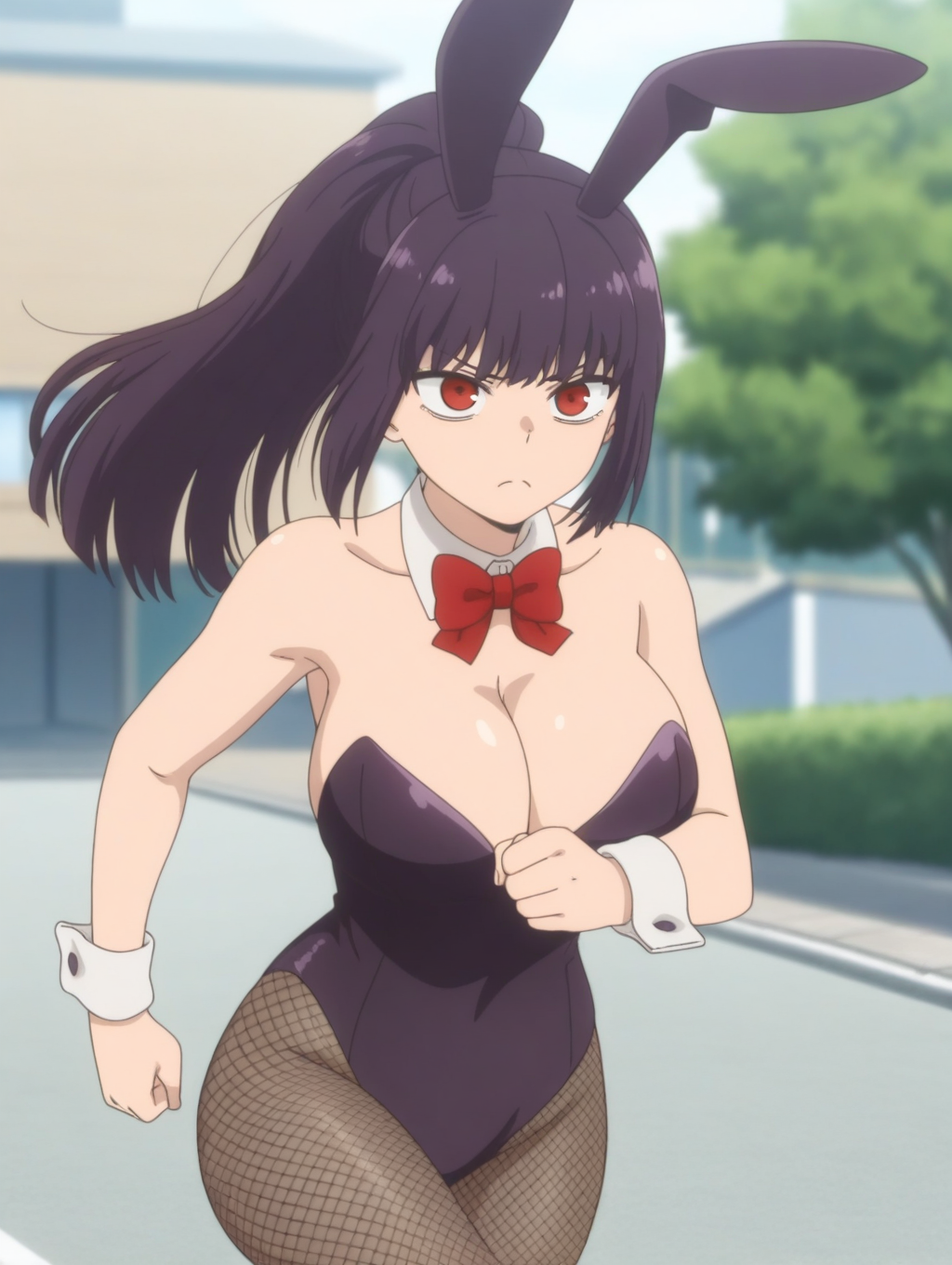 masterpiece, best quality, amazing quality, detailed, <lora:Sana_Sunomiya_LW:0.8>, Sana_Sunomiya_LW, anime screenshot, long hair, black hair, red eyes, purple hair, bangs, 1girl, solo,
animal ears, pantyhose, rabbit ears, playboy bunny, fishnet pantyhose, ponytail, large breasts, cleavage, annoyed, red bowtie, white detached collar, wrist cuffs, jogging, outdoors, neighborhood, blurry background, three quarter view