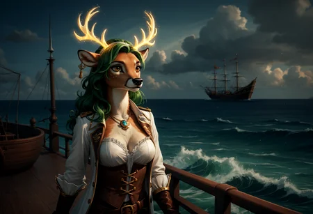 score_9, score_8_up, score_7_up, score_6_up, score_5_up, score_4_up, source_furry, , solo, 1girl, (furry:1.2), (anthro:1.2), female deer, long green hair, brown fur, yellow eyes, glowing antlers, fancy pirate clothing, (jewelry:1.2), pirate captain, cutlass, command, sailing ship, windy, (open sails:1.3), waves, distant island, highly detailed, masterpiece, high resolution, realistic, beautiful aesthetic, fluffy, SoftWaterColor, secretlab, novuschroma60 style bokeh