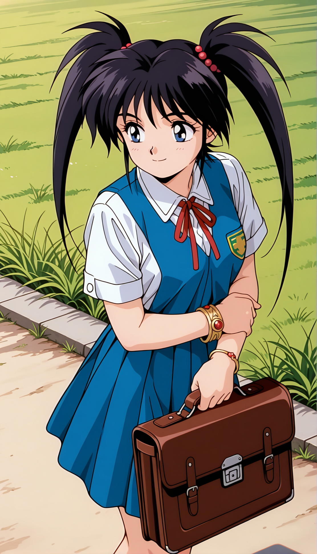 masterpiece,best quality,amazing quality,1girl,solo,1990s \(style\),Ennochiaki ill,black hair,blue eyes,bangs,twintails,long hair,school uniform,briefcase,school bag,short sleeves,bag,skirt,school briefcase,holding,outdoors,bracelet,grass,holding briefcase,white shirt,shirt,blue dress,holding bag,day,outdoors,smile,<lora:Ennochiaki ill:0.9>,