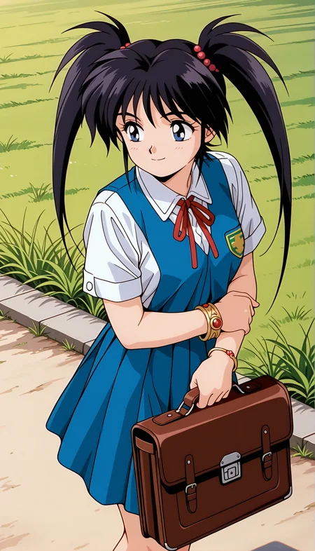 masterpiece,best quality,amazing quality,1girl,solo,1990s \(style\),Ennochiaki ill,black hair,blue eyes,bangs,twintails,long hair,school uniform,briefcase,school bag,short sleeves,bag,skirt,school briefcase,holding,outdoors,bracelet,grass,holding briefcase,white shirt,shirt,blue dress,holding bag,day,outdoors,smile,<lora:Ennochiaki ill:0.9>,