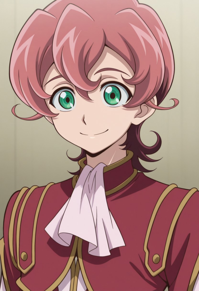 masterpiece,best quality,amazing quality, source_anime, 
MichArclight, 1boy, male focus, solo, green eyes, pink hair, ascot, pink ascot, shirt, pink shirt, jacket, red jacket,  smile,