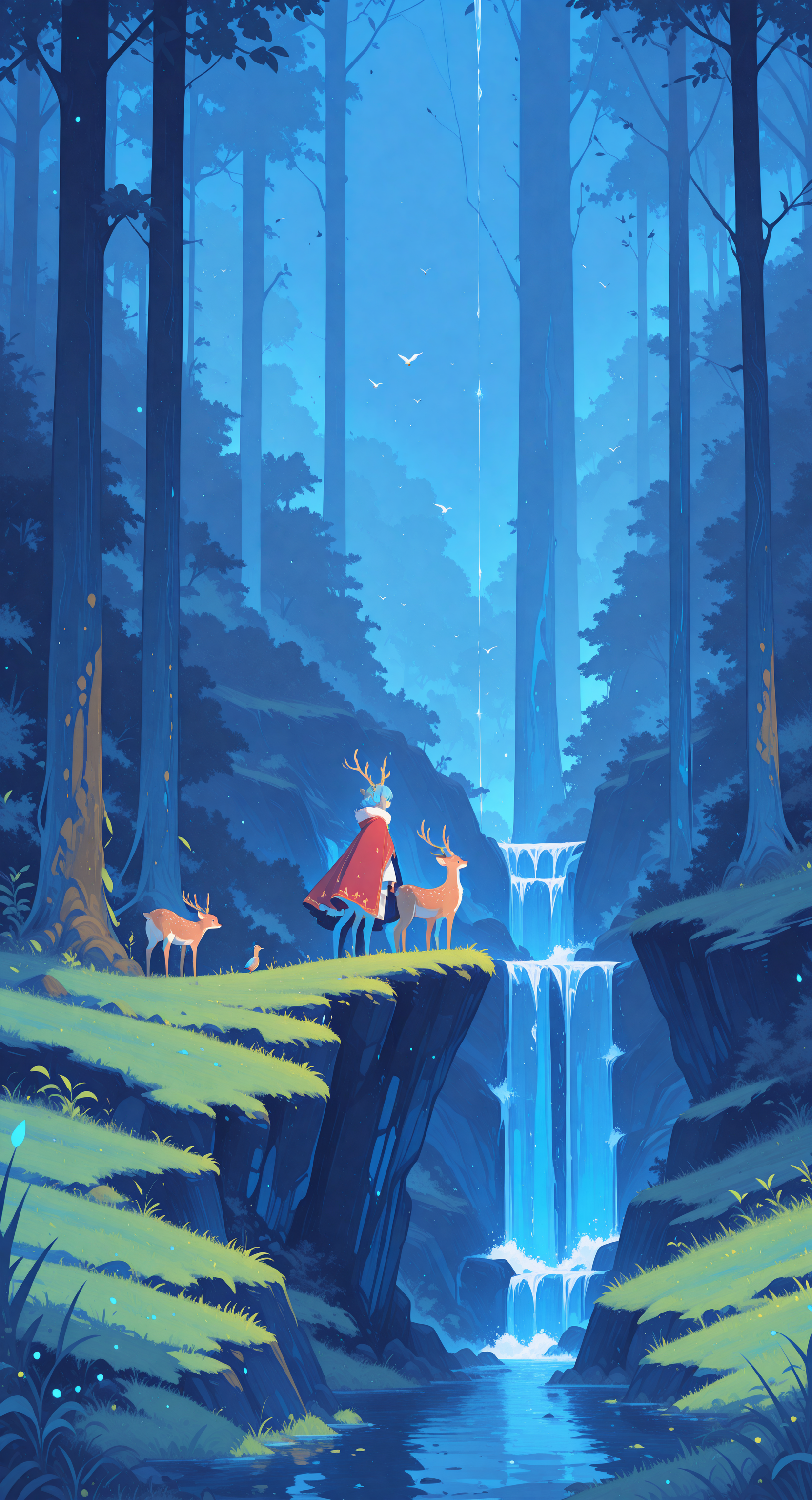 masterpiece, best quality, good quality, newest, highres, absurdres, 1girl, standing, outdoors, horns, water, cape, bird, animal, grass, scenery, nature, forest, red cape, antlers, wide shot, waterfall, deer,blue theme, Low polygon style, Ethereal Brushstroke,
Flat vector illustration,
h4ra_illu,
momosp <lora:illustriousXL_stabilizer_v1.23:0.3> <lora:NOOB_vp1_detailer_by_volnovik_v1:0.3> <lora:ponyv6_noobE11_2_adamW-000017:0.45> <lora:Illustrious:0.15> <lora:checkpoint-e18_s306:1.3> <lora:hara_id_21:0.85> <lora:MomoSweetSpaceILL:0.8>