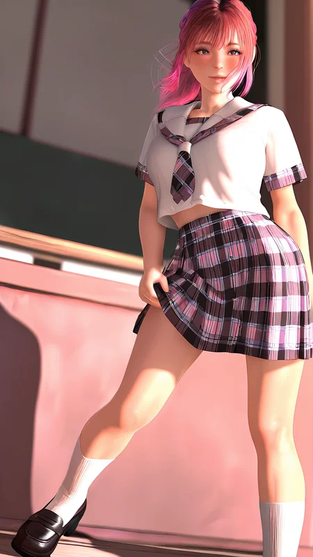 amazing quality,absurdres,best quality,masterpiece,highres,newest,detailed,detailed body,detailed face,masterpiece,best quality,solo,3D,realistic,
éèã¨ç©´,1girl,pink hair,serafuku,plaid skirt,socks,loafers,<lora:éèã¨ç©´:0.8>,