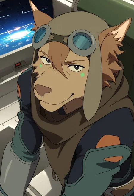 olia_voltron_gogglesON, 1girl, female furry, anthro, canide, golden fur, brown animal ears, brown hair, black eyes, small yellow tattoos on each cheeks, claws, long tail, pilot helmet and goggles, brown scarf, green and orange suit, pocket belt, score_9_up, score_8_up, score_7_up, standing, BREAK, 1girl, solo, looking at viewer, cute, smirk, from above, hands on hips, head tilt, female focus, ultra detailed, detailed background, spaceship cockpit background, masterpiece, best quality, 8k, Expressiveh, realistic, 3d,