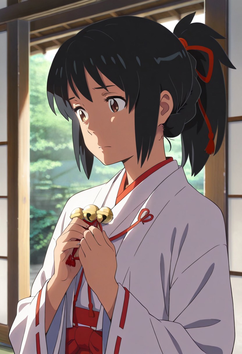 masterpiece,best quality,amazing quality, miyamizu mitsuha, black hair, brown eyes, 1girl, miko, japanese clothes, solo, bell, jingle bell, ponytail, upper body