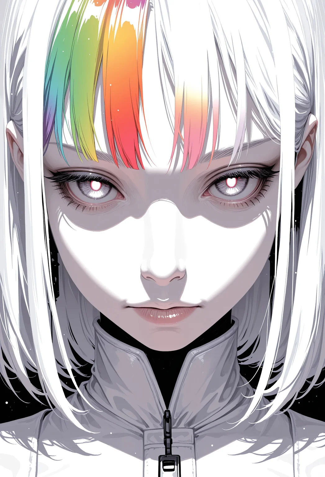 masterpiece, best quality, newest, highres, absurdres,no lineart, no outline, detailed, 1girl,(rainbow hair:1.2), red pupils, glowing, solo, chromatic aberration, white theme,limited palette,tenebrism,close up, straight on, depth of field,chiaroscuro