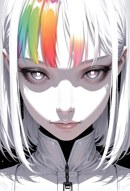 masterpiece, best quality, newest, highres, absurdres,no lineart, no outline, detailed, 1girl,(rainbow hair:1.2), red pupils, glowing, solo, chromatic aberration, white theme,limited palette,tenebrism,close up, straight on, depth of field,chiaroscuro