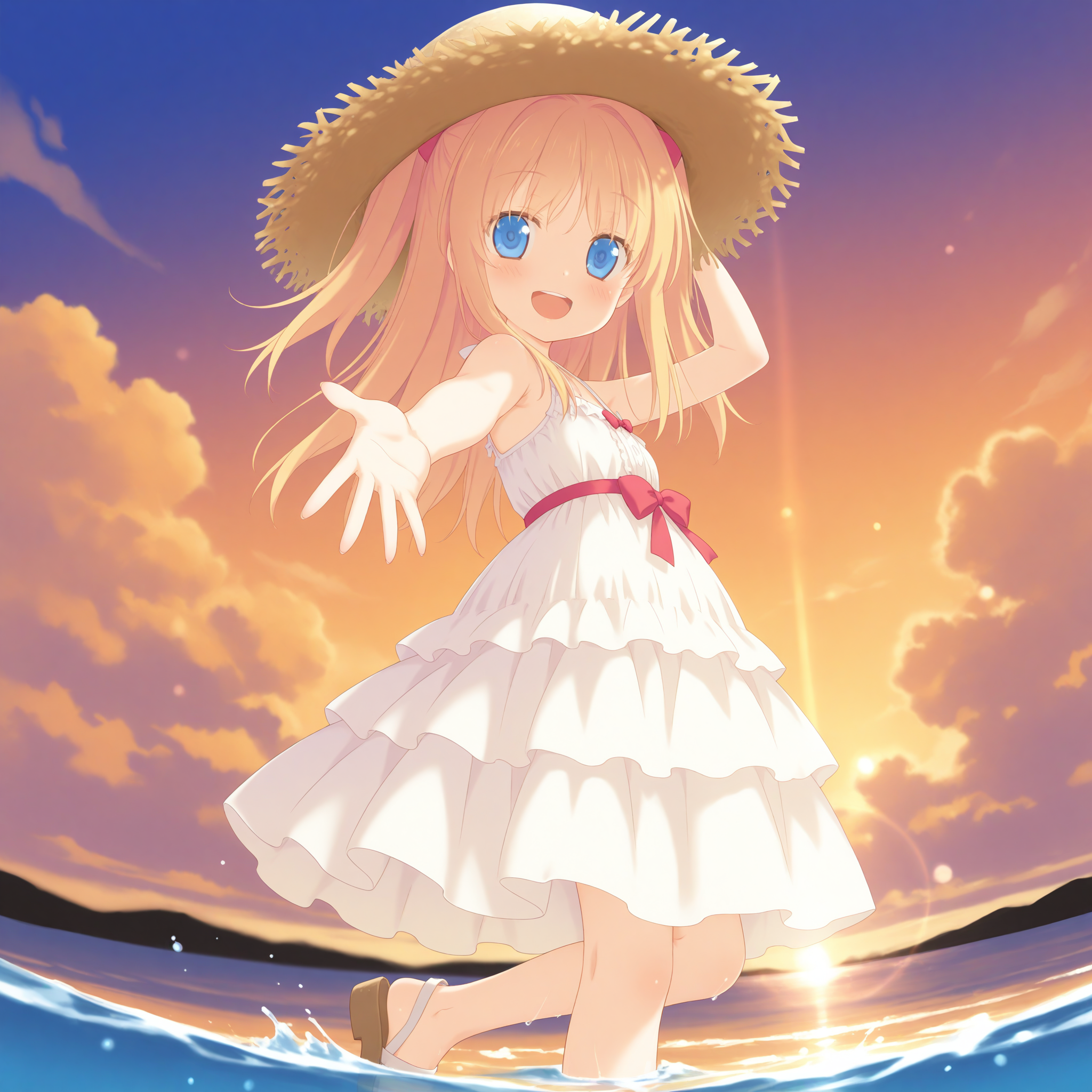 <lora:Nikaidou_Sora_1_nai-000076:1>,Nikaidou Sora,two side up,straw hat,
sundress,white dress,sleeveless dress,red bow,red ribbon,layered dress,frilled dress,sandals,
1girl,solo,smile,open hands,reaching towards viewer,sunset,wading,looking at viewer,smile,depth of field,lens_flare,hand on headwear,from side,:d,