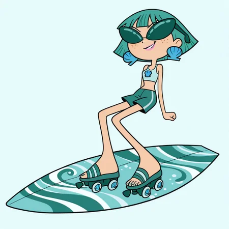 masterpiece, best quality, amazing quality,
perfect cute face, on model, accurate art style, cartoon screencap, show accurate, neptunemwatgg, 1girl, solo, freckles, aqua hair, short hair, aqua eyes, light pink lipstick, shell earrings, light blue crop top, aqua shorts, blue toenail polish, open toed shoes, aqua roller skates, aqua sunglasses, wearing sunglasses, riding surfboard, surfing, full body, smirk, bent knees, simple background