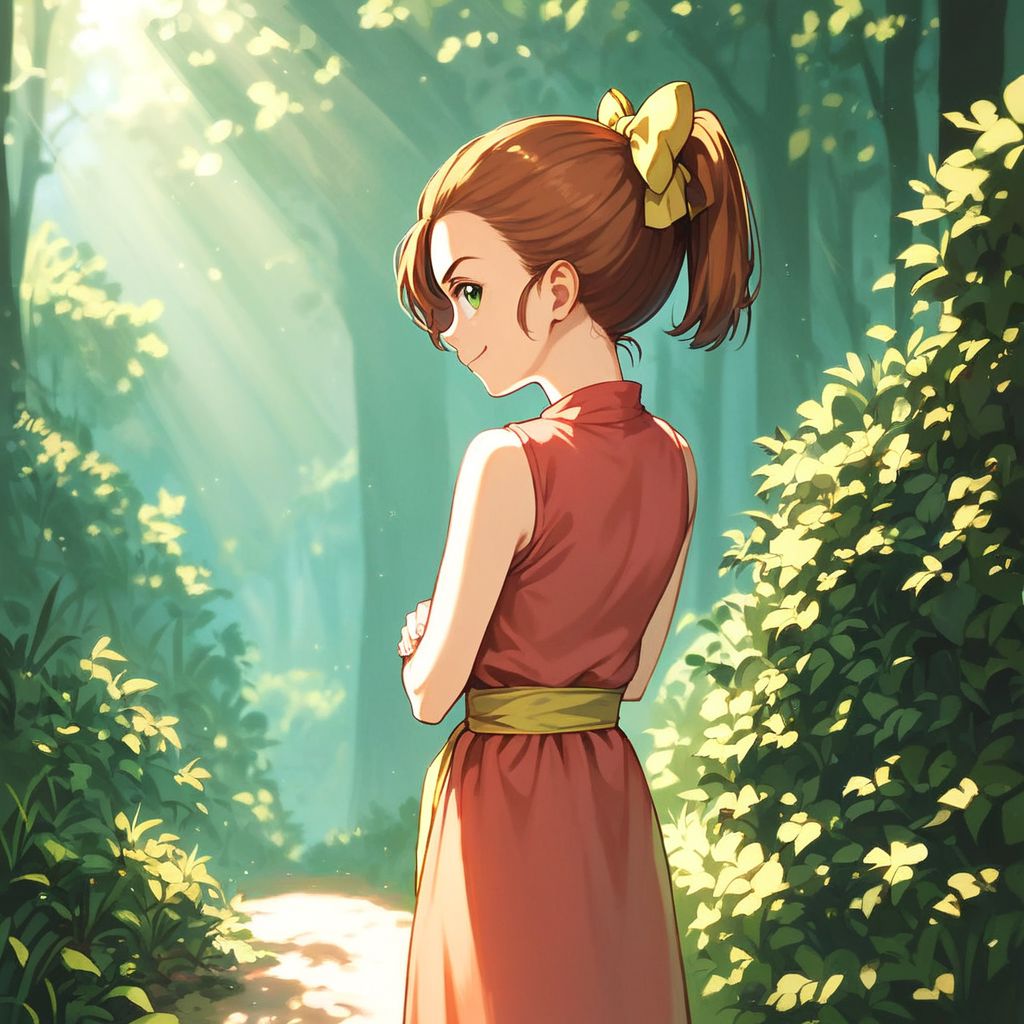 score_7_up, score_8_up. score_9, solo, Kluke, brown hair, bow, green eyes, ponytail, hair bow, from behind, looking back, smirk, outdoors, sunlight, shadows, natural lighting