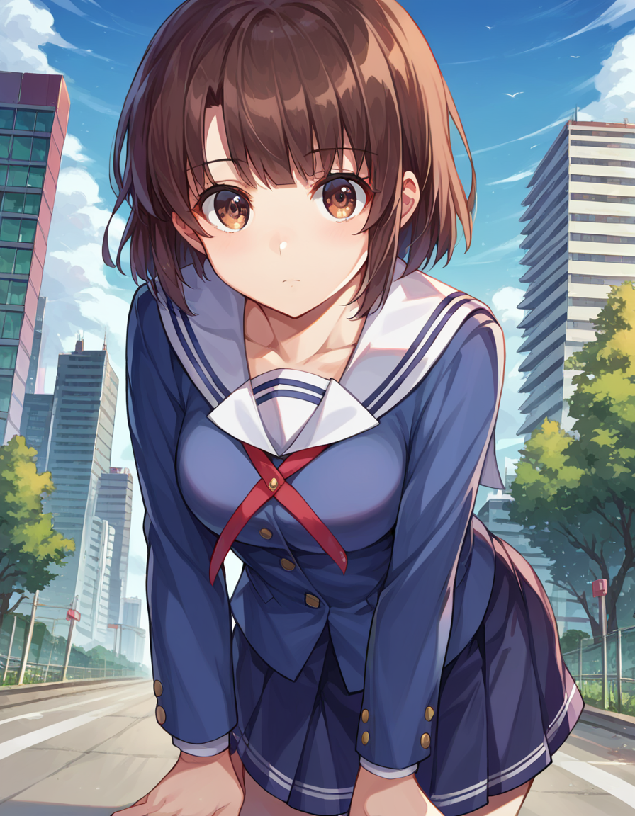 score_9, score_8_up, score_7_up, source_anime,
megumikatou, <lora:megumi-katou-ponyxl-lora-nochekaiser:1>
megumi katou, brown hair, brown eyes,
short hair, miniskirt, school uniform, skirt, sailor uniform, serafuku,
outdoors, cityscape, bent over,
looking at viewer, dutch angle, cowboy shot,