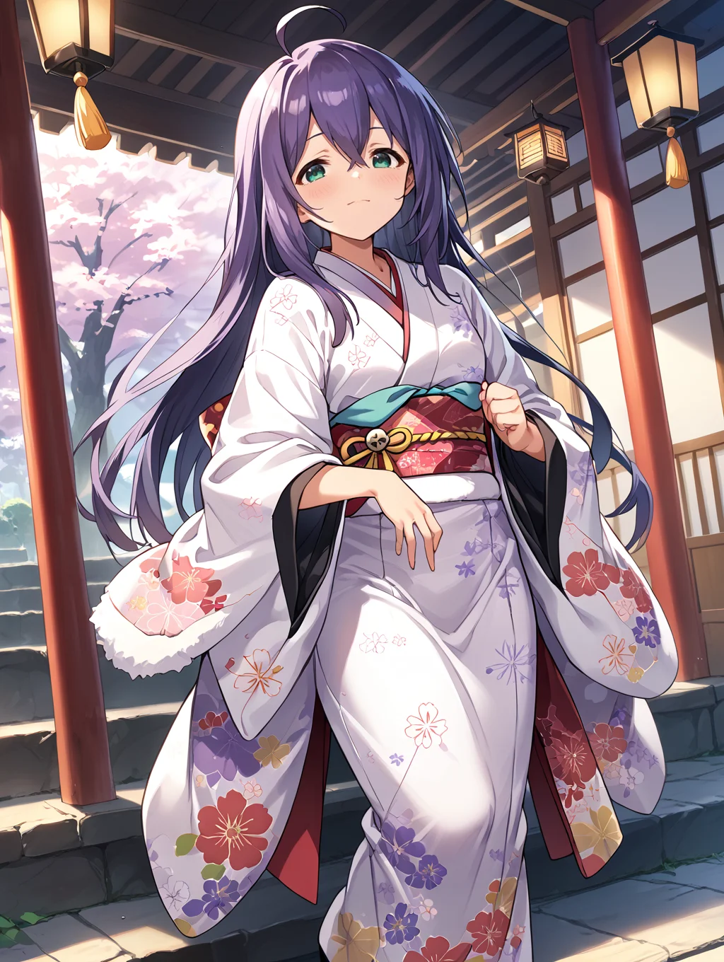 score_9,score_8_up,score_7_up,
official art,official style,game cg,megami magazine,
uncensored,
1girl,solo,
mochizuki anna,purple hair,green eyes,ahoge,long hair,
japanese clothes,obi,obijime,obiage,kimono,fur-trimmed kimono,fur trim,wide sleeves,
<lora:idolmaster_mochizuki_anna_pony_v1.1-000006:1>,