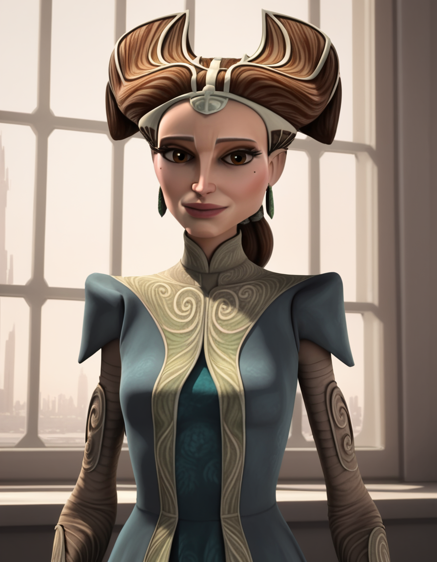 score_9, score_8_up, score_7_up, source_anime,
<lora:clonewars-padme-amidala-s3-ponyxl-lora-nochekaiser:1>, padme amidala, brown hair, brown eyes, realistic, mole, mole under eye, long hair, lips, 3d,
dress, tiara, green dress, collarbone, breast, skirt, long skirt, green skirt, earrings, hair horns,
indoors, smile,
looking at viewer, cowboy shot, dutch angle, solo,