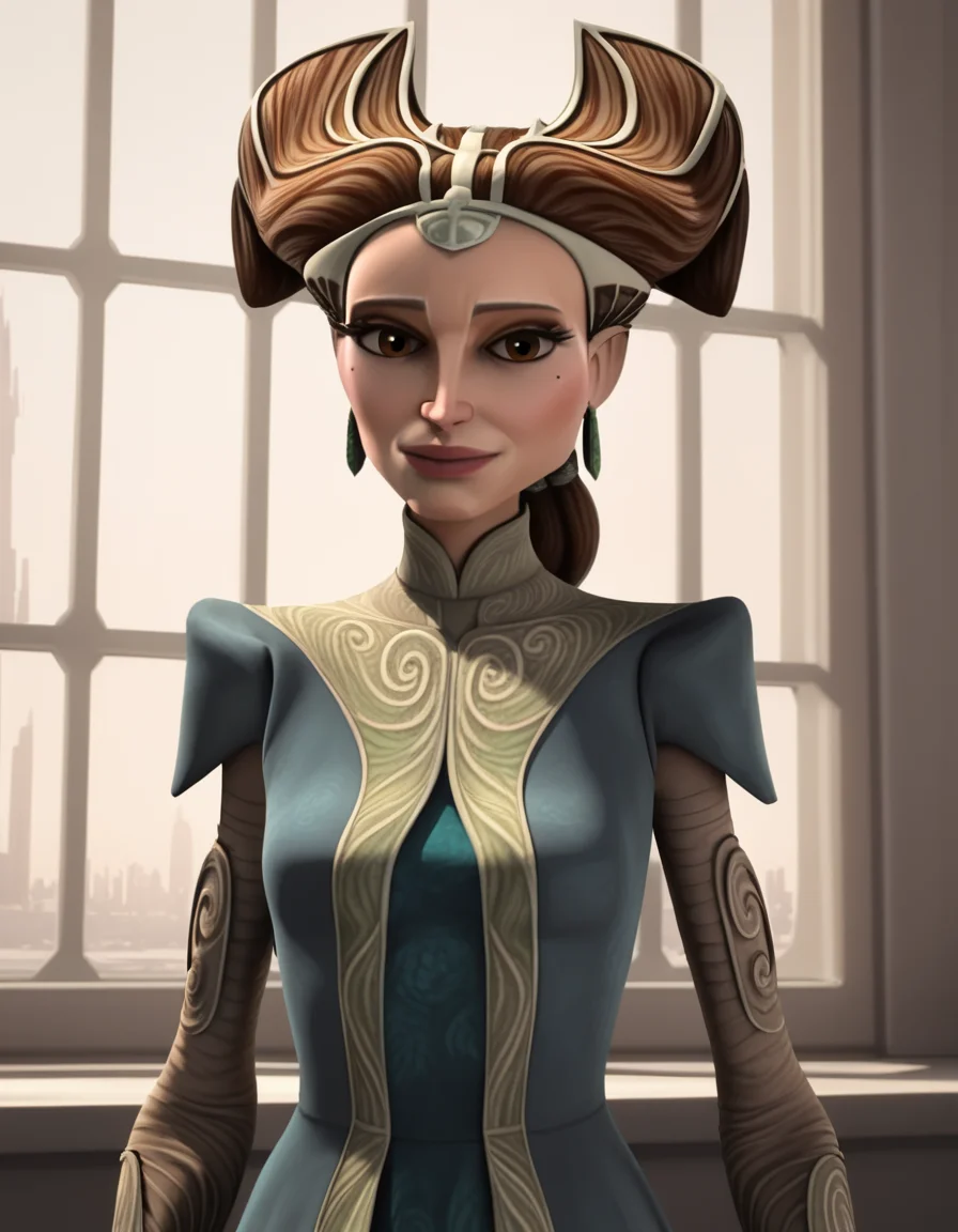 score_9, score_8_up, score_7_up, source_anime,
<lora:clonewars-padme-amidala-s3-ponyxl-lora-nochekaiser:1>, padme amidala, brown hair, brown eyes, realistic, mole, mole under eye, long hair, lips, 3d,
dress, tiara, green dress, collarbone, breast, skirt, long skirt, green skirt, earrings, hair horns,
indoors, smile,
looking at viewer, cowboy shot, dutch angle, solo,