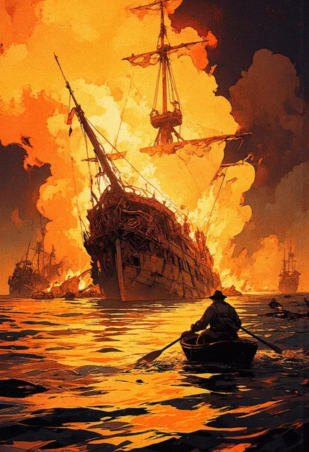 A lone figure rows a small boat away from a massive burning ship engulfed in flames. The inferno casts an intense golden glow, reflecting off the dark, rippling water. Thick smoke rises into the night sky, obscuring the surroundings in a haze of destruction. The silhouette of the rower is sharply defined against the fiery backdrop, emphasizing their solitude and desperation. The burning ship, a grand wooden vessel with towering masts, is breaking apart, its skeletal remains crumbling under the immense heat. Debris floats on the water’s surface, charred remnants of what was once a majestic fleet. In the distance, another shadowy figure stands on the deck of a sinking ship, illuminated by the flickering flames. The atmosphere is cinematic and dramatic, reminiscent of a historical naval battle or a pirate’s last escape. The contrast between the fire’s brightness and the deep, dark ocean creates a visually striking composition, evoking themes of loss, survival, and the passage of time. The scene is painted in a semi-realistic style with elements of historical and dark fantasy themes. 
,  anime, cyberpunk