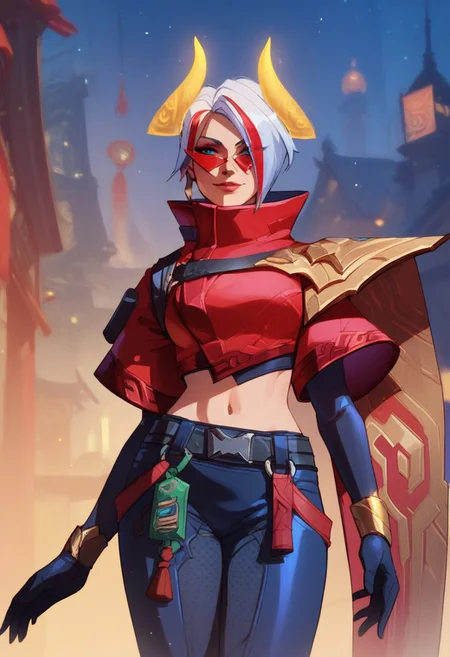 score_9, score_8_up, score_7_up, ultra detailed, 1girl, lbfiora, white hair, tinted eyewear, short hair,yellow glow horns,streaked hair, red hair, blue eyes, smile, pants, cropped jacket, gloves, night city