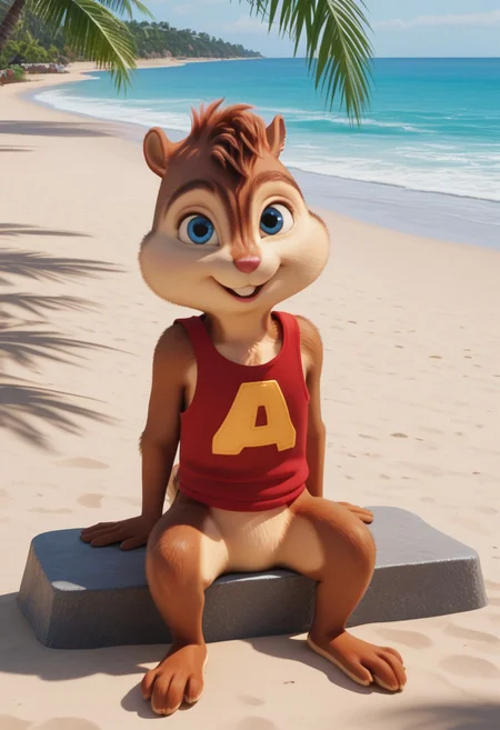 Score_9, score_8_up, score_7_up, source_furry, Alvin Seville, chipmunk, chipmunk male, furry male, furry, 3d, render, movie screencap, blue eyes, red tank top, barefoot, tail, beach, palm trees, ocean, smiling, sitting on stone bench, hands on lap, looking at viewer, <lora:Alvin _Seville __Alvin_and_the_Chipmunks__CG_Movie_version:0.8>