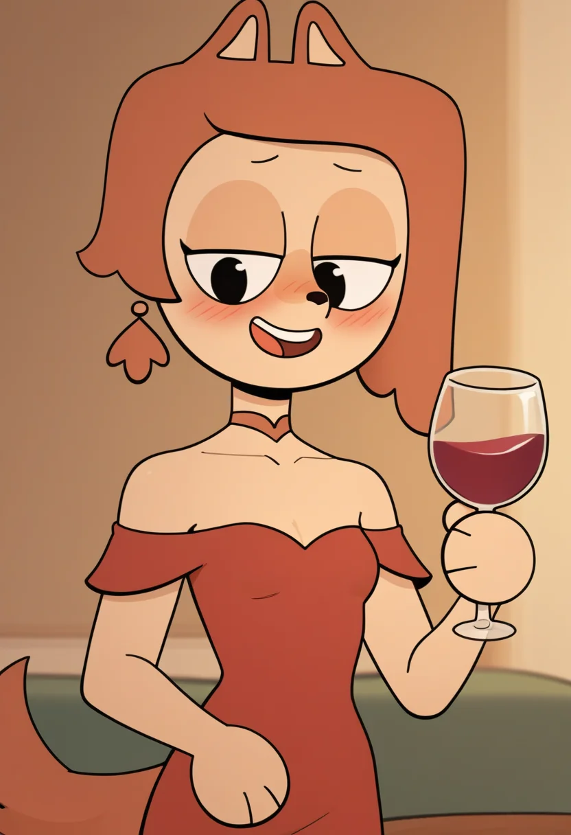 <lora:LalasMother_Kunshikter:1> score_9, score_8_up, score_7_up, source_furry BREAK, lalasmother_kunshikter, dog girl, furry female, 1girl, black eyes, asymmetrical hair, indoors, red dress, off-shoulder, half-closed eyes, smile, open mouth, drunk, holding wine glass, small breasts, skinny, teeth