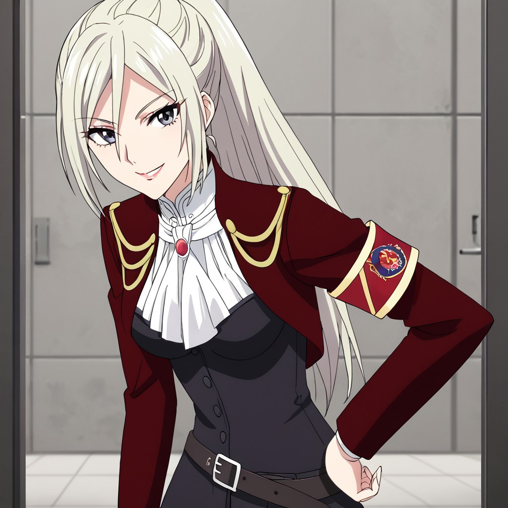 Elentzia_TR, pale blonde hair, ponytail, gray eyes, military uniform, medium breasts, belt, red necklace, red armband, dynamic shot, arm on hip, peace sign, looking at viewer, soft smile, 3/4 view, absurdres, 4kres, source_anime, score_7_or_higher