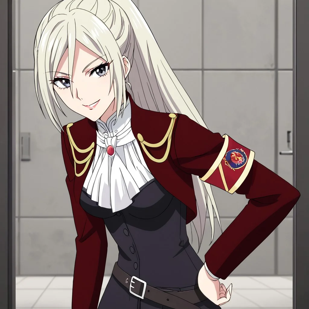 Elentzia_TR, pale blonde hair, ponytail, gray eyes, military uniform, medium breasts, belt, red necklace, red armband, dynamic shot, arm on hip, peace sign, looking at viewer, soft smile, 3/4 view, absurdres, 4kres, source_anime, score_7_or_higher