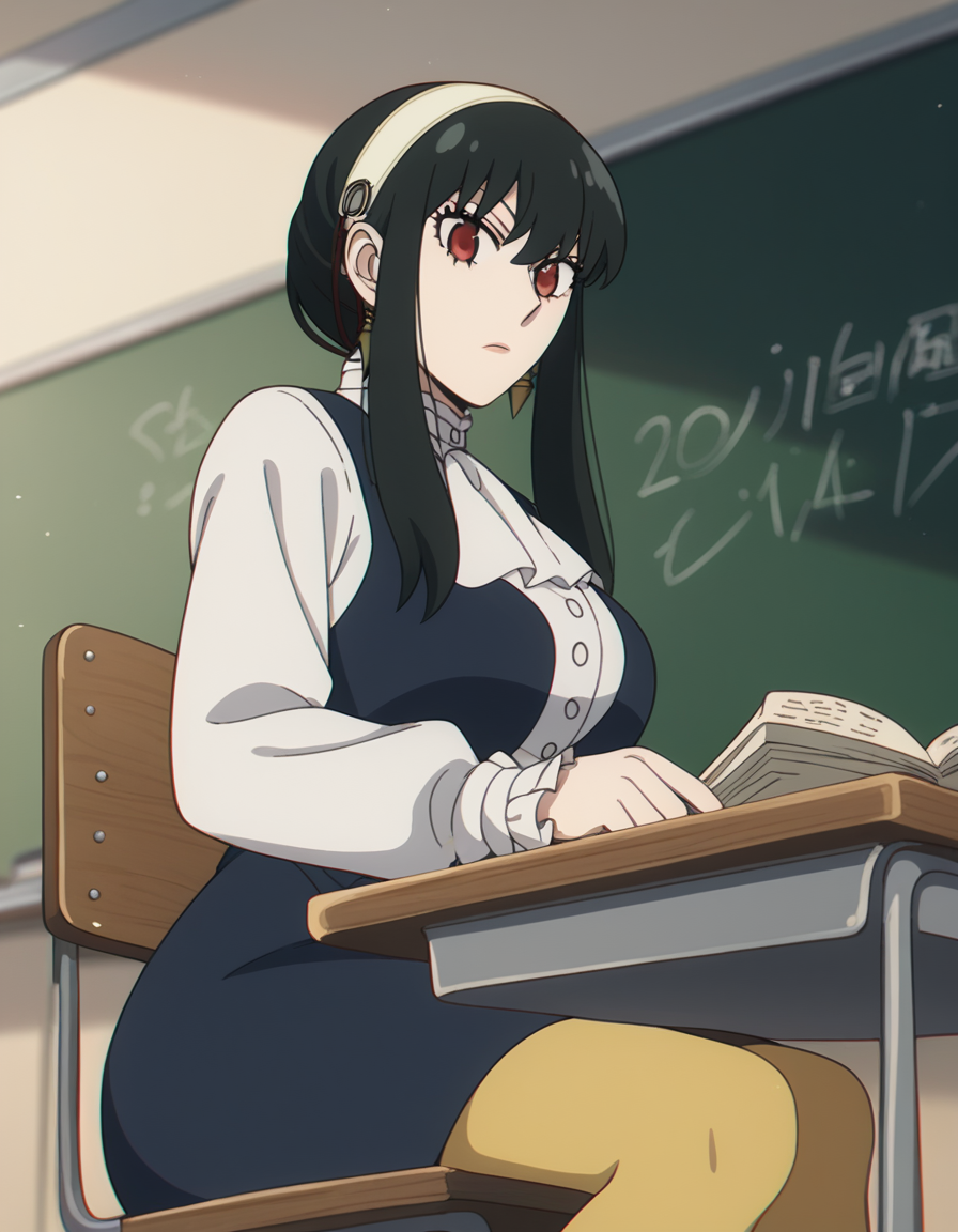 score_9, score_8_up, score_7_up, source_anime, <lora:yor-briar-movie-ponyxl-lora-nochekaiser:1>, yor briar, black hair, red eyes, sidelocks, hairband, short hair with long locks, white hairband, large breasts,, shirt, long sleeves, pantyhose, ascot, frilled sleeves, blue dress, white sleeves, classroom, chalkboard, day time, studying, sitting, chair, desk,, , looking at viewer, from below, solo,, cowboy shot, dutch angle,