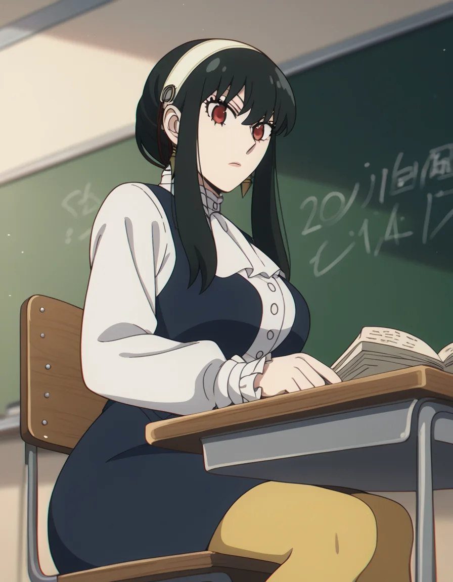 score_9, score_8_up, score_7_up, source_anime, <lora:yor-briar-movie-ponyxl-lora-nochekaiser:1>, yor briar, black hair, red eyes, sidelocks, hairband, short hair with long locks, white hairband, large breasts,, shirt, long sleeves, pantyhose, ascot, frilled sleeves, blue dress, white sleeves, classroom, chalkboard, day time, studying, sitting, chair, desk,, , looking at viewer, from below, solo,, cowboy shot, dutch angle,