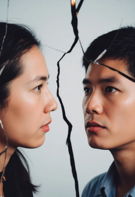 Experimental portrait color photography spliced and rearranged in a jagged and broken pattern. Profile of a woman looking to her left. Sideways facing man, looking to his right. A neutral man and a bored woman looking each other in the eyes, separated from each other.