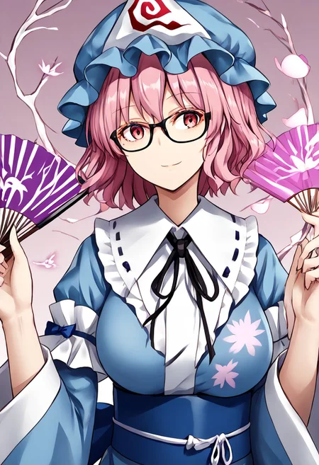1girl, yuyuko, saigyouji_yuyuko, bespectacled, glasses, mob_cap, triangular_headpiece, blue_hat, blue_kimono, long_sleeves, wide_sleeves, frilled_kimono,
masterpiece, best quality, very aesthetic, absurdres,