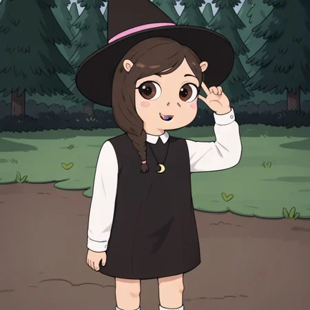 Sexy Selfie, posing to photo, happy, duck face selfie, 
BREAK 
 , score_9, score_8_up, score_7_up, score_6_up, score_5_up,  outdoors, tall trees, sunny day, 
b3tsy sp3llman, furry female, witch hat, brown hair, braid, blush stickers, necklace, black dress, white sleeves, sleeve cuffs, white socks, black footwear, easynegative