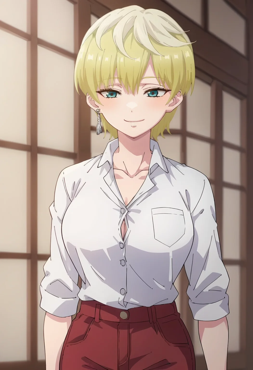 <lora:Tenka Izumo:1> tenka izumo, blonde_hair, short_hair, blue_eyes, 1girl, solo, earrings, jewelry,large_breasts , smile , shirt , white_shirt, red shorts, score_9, score_8_up, score_7_up, score_6_up, score_5_up, score_4_up , anime coloring ,BREAK source_anime, anime