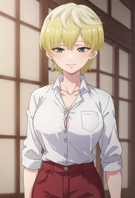 <lora:Tenka Izumo:1> tenka izumo, blonde_hair, short_hair, blue_eyes, 1girl, solo, earrings, jewelry,large_breasts , smile , shirt , white_shirt, red shorts, score_9, score_8_up, score_7_up, score_6_up, score_5_up, score_4_up , anime coloring ,BREAK source_anime, anime