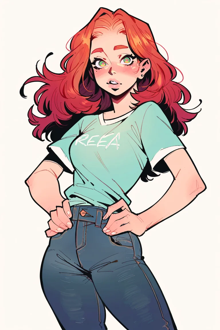 <lora:Incase:1>, score_9, score_8_up, score_7_up, score_6_up, score_5_up, rating_questionable, source cartoon
1girl, pretty face, pretty eyes, detailed eyes, HD eyes, thick thighs
hands on hips, standing, cowboy shot
looking at viewer, blush, eyebrows, long hair, red hair, green eyes jeans, green t-shirt, boots, high waisted jeans
simple background, white background