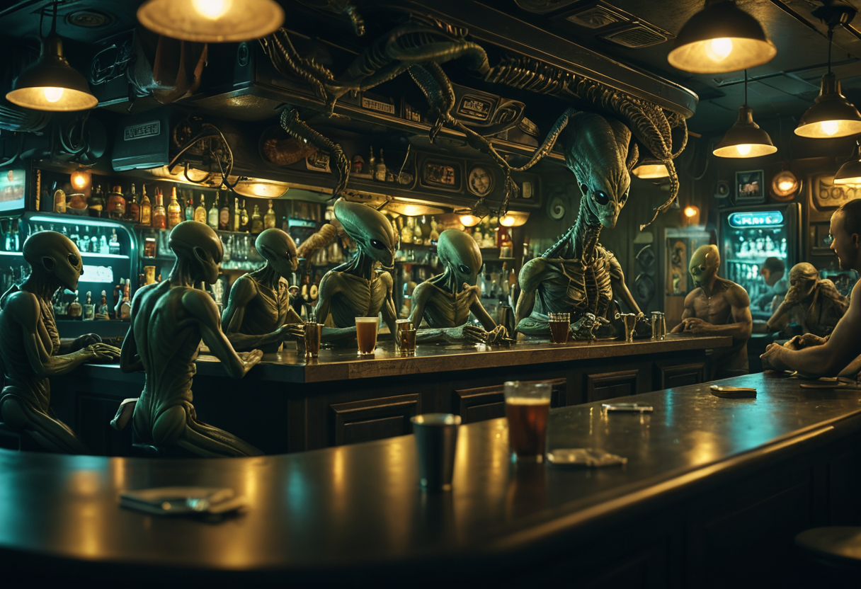 a busy alien bar, hyper realistic, hyper detailed, super intricate, low light, 35mm photo