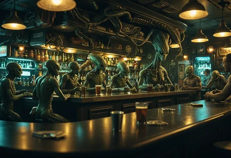a busy alien bar, hyper realistic, hyper detailed, super intricate, low light, 35mm photo