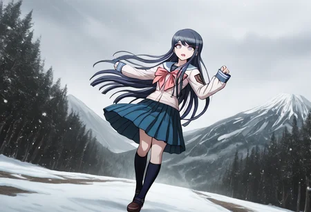 (((solo))), masterpiece, best quality, very aesthetic, modern, modern anime, newest, absurdres, highres, dutch angle , confused expression , (((solo))),danganronpa_(series),<lora:Sayaka_Maizono_Illustrious:1>, This is an anime screencap from Danganronpa 3. . Sayaka Maizono is enacting a dancing . Sayaka Maizono's expression is disappointed expression . Sayaka Maizono is interacting with this environment: A cinematic cowboy-shot of a person navigating a treacherous mountain path during a fierce blizzard. The scene is rendered with layered depth and a parallax effect, emphasizing a perilous journey along a snow-laden mountain trail. Blizzard winds sculpt surreal snowdrifts and ice formations around the person, under a brooding, stormy sky. Soft focus on the foreground enhances the dramatic and perilous ambiance. Soft, ethereal light is filtering through the blizzard. There is a rugged beauty of the landscape. The person is distinctly in harmony with, yet standing out against, the formidable mountainous terrain. Sayaka Maizono has her long blue hair down. She is wearing the white and blue Hope's Peak Academy uniform with a white top. Her sleeves reach her wrists. She's wearing a light pink ribbon. She has a short, pleated, blue skirt. Sayaka Maizono wears navy blue thigh-high socks. Her footwear is dark brown Mary Janes shoes.