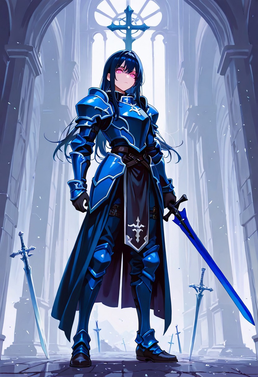 masterpiece, best quality, very aesthetic, absurdres, safe, pink eyes, armor, blue armor, gloves, 1girl, long hair, dark blue hair, sword in hand, blue blade of the sword, cross guard, black handle, full body,