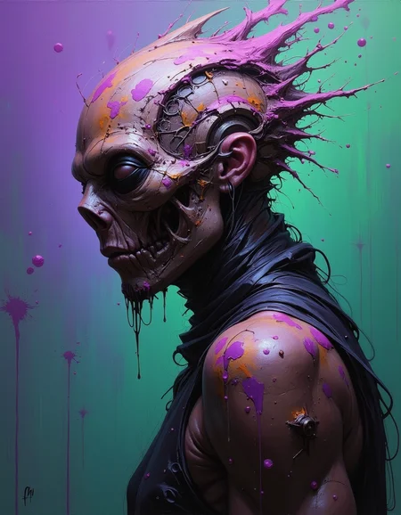 An oil painting in violet, green, black, and white colors, depicting a waist-up portrait of a creature with a strange. mix of plastic and metal, giving it a cold, industrial feel. covered with patches of rust, adding an eerie, decayed effect. The creature's form is partially obscured by the abstract, textured mask, which contrasts sharply with the background colors. Around the creature, vibrant particles of colorful dust float and scatter, adding a surreal and ethereal quality to the scene. The painting captures the eerie and mysterious nature of the creature, with the unsettling mask, patches of mold, and swirling dust enhancing its dark, enigmatic presence.
<lora:Midjourney_imitation_FLUX:0.5> <lora:aidmaNSFWunlock-PonyStyle:0.5>, In the corner there is a small inscription "fh", like the authorâs signature.