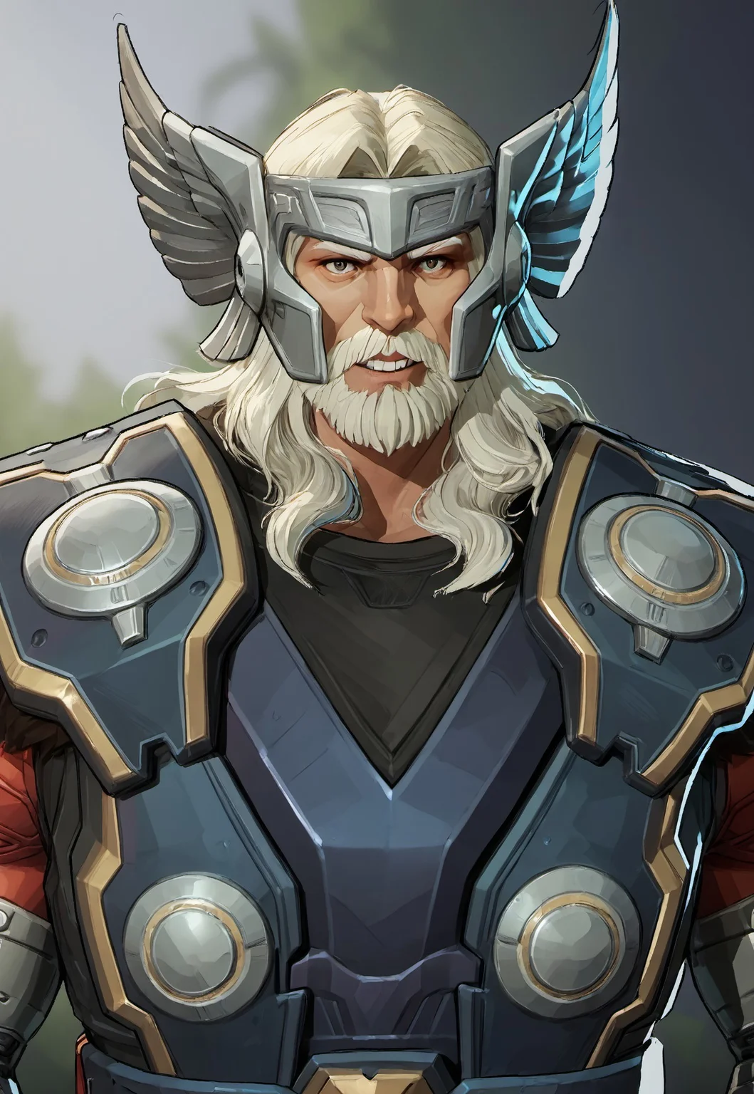 safe_pos, score_9, score_8_up, score_7_up, source_anime, rating_nsfw, ultra hd, absurdres, solo, masterpiece, best quality, best aesthetic, Expressiveh, wolfconf, burankoprn!, 1boy
MRivalsThor, blonde hair, facial hair, beard, armor, helmet, gauntlets, (forest background), (((portrait, headshot))), looking at viewer, smiling, (zoomed in)