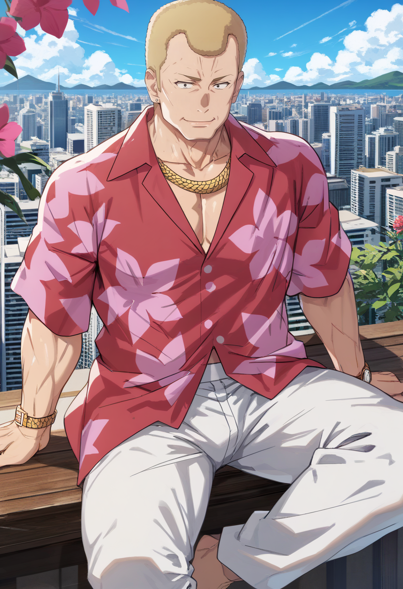 score_9, score_8_up, score_7_up, source_anime, houjouteppei, 1boy, solo, smile, looking at viewer, mature male, muscular, blonde hair, short hair, black eyes, sitting on branch, cityscape, red and pink hawaiian shirt, white pants, wristwatch, necklace, cleft chin, extremely detailed, 8k, best quality, amazing quality, best aesthetic, absurdres <lora:teppei_pony-2-18:1.7>