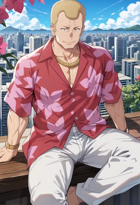 score_9, score_8_up, score_7_up, source_anime, houjouteppei, 1boy, solo, smile, looking at viewer, mature male, muscular, blonde hair, short hair, black eyes, sitting on branch, cityscape, red and pink hawaiian shirt, white pants, wristwatch, necklace, cleft chin, extremely detailed, 8k, best quality, amazing quality, best aesthetic, absurdres <lora:teppei_pony-2-18:1.7>