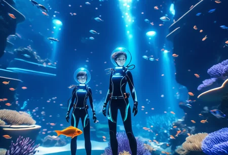 (masterpiece, best quality, ultra_detailed, highres, absurdres:1.2), Pretty female scuba diver, (full body tron suit with integrated (glowing cybernetics and curcuitry:1.5)), gloves, short hair, weight belt, (lama scuba helmet), (diving watch), (fins:1.3), (swimming:1.5), (floating, levitating:1.3), dynamic pose, (2girls), (alone) underwater, (deep sea:1.4), (ocean abyss:1.25), dim blue lighting, caustics, anime still, fish school, [fish], (coral reef), alguae, ancient city ruins, volumetric lighting, rim lighting, depth of field, futuristic, sci-fi, <lora:lama_scuba_helmet-xl-v2-000012:0.4>