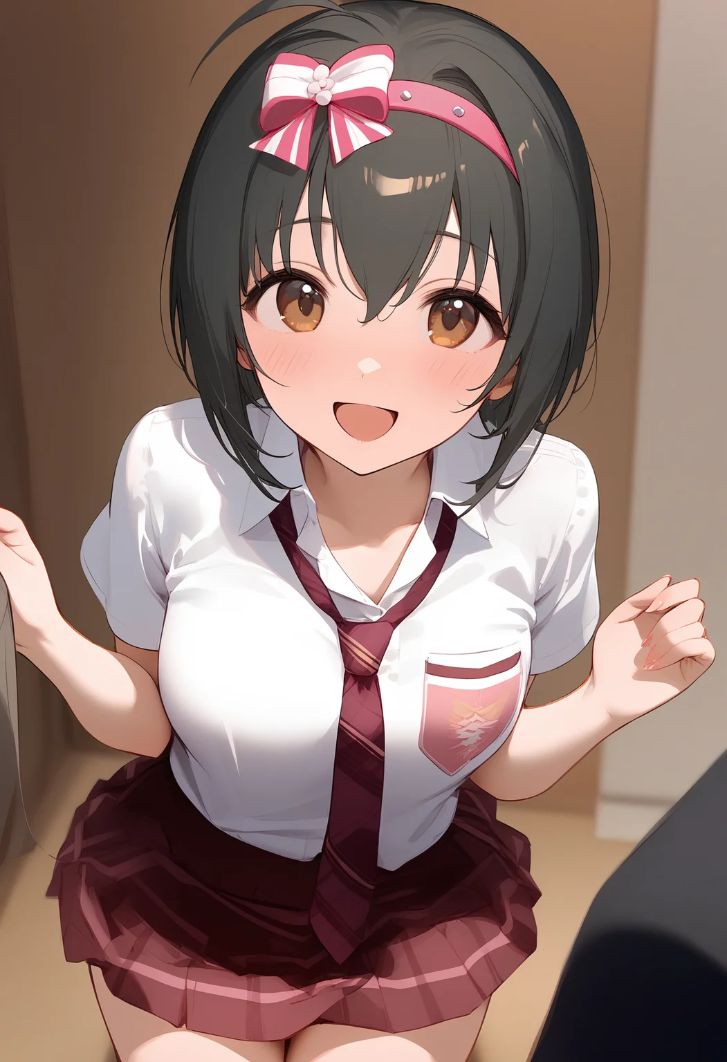 1girl,blush,kohinata miho,pink hairband,necktie,skirt,solo,open mouth,looking at viewer,bow,smile,hair bow,<lora:a31_char_new_kohinata_miho-000024:1>masterpiece, best quality, absurdres<lora:a31_style_koni-000010:0.8>